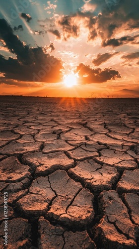 Stunning Sunset Over Dry Cracked Earth Landscape with Cloudy Sky