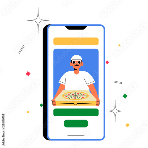 Online Food Delivery App With Male Chef Holding Pizza In Flat Vector Illustration Symbolizing Online Ordering, Restaurant Service, And Mobile Food Delivery, Isolated On White Background