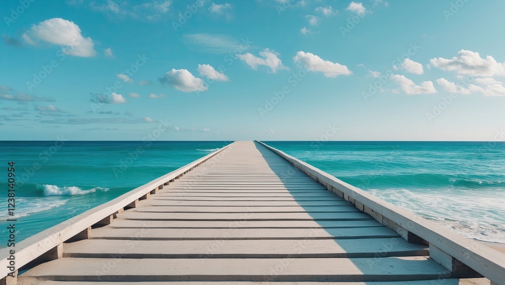 long wooden pier extending into the ocean. The pier is made of light-colored wood and is located on a sandy beach. The ocean is a beautiful turquoise color and the sky is a clear blue with a few white long wooden pier extending into the ocean. The pier is made of light-colored wood and is located on a sandy beach. The ocean is a beautiful turquoise color and the sky is a clear blue with a few white
