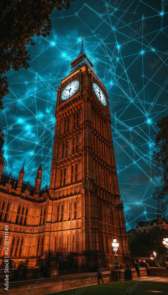 Fototapeta premium Iconic Clock Tower in a Futuristic Network, London. Digital Connectivity and Heritage Concept