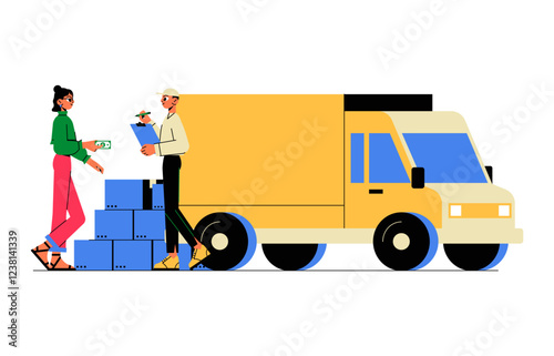 Delivery Truck And Courier Handing Parcel To Customer In Flat Vector Illustration Symbolizing E Commerce, Logistics, Shipping, And Last Mile Delivery, Isolated On White Background.