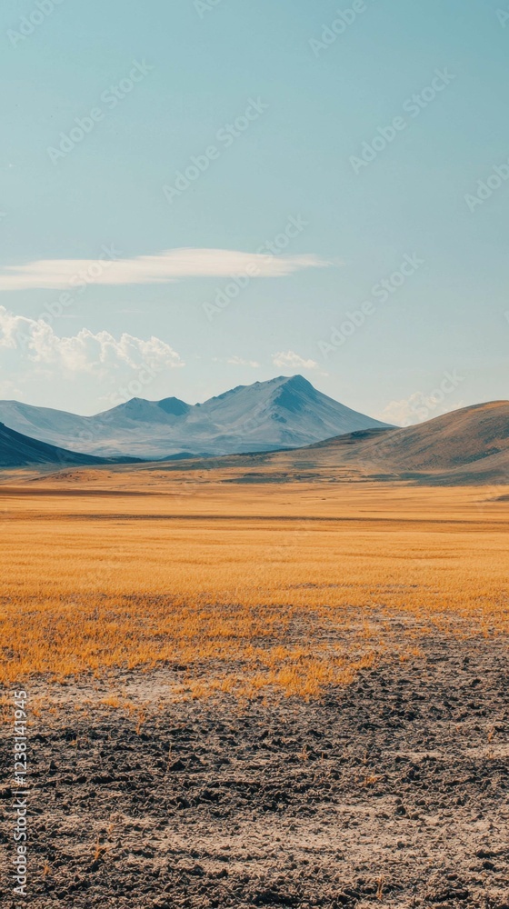 Golden Landscape with Rolling Hills and Distant Mountains under Blue Sky Golden Landscape with Rolling Hills and Distant Mountains under Blue Sky