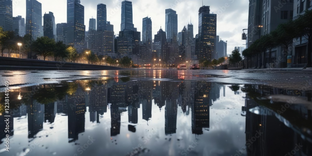 Fototapeta premium Puddles and City Skyline with Distorted Reflections , distorted reflections, blurred pool