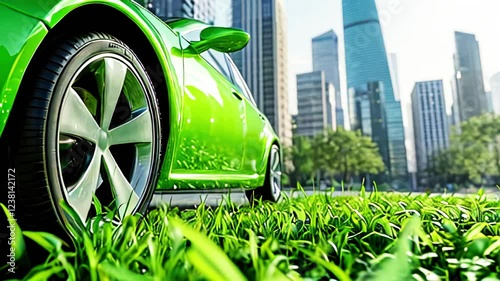 Bright green electric car among greenery against the backdrop of modern city with skyscrapers. Eco-friendly auto technologies concept