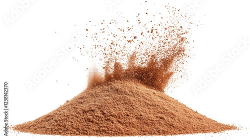 Pile of cocoa powder exploding on transparent background