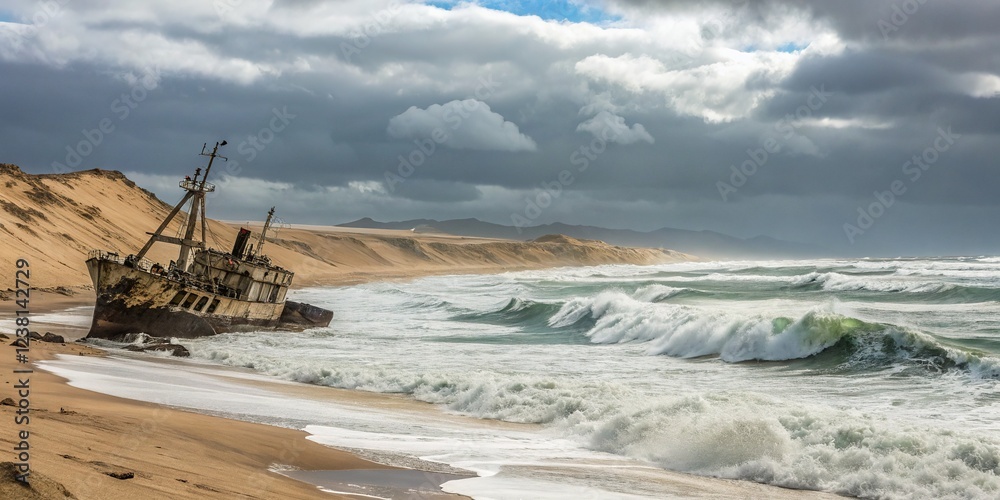 Skeleton Coast's dramatic seascape, Shawnee shipwreck, Namibia. Windswept shores. Skeleton Coast's dramatic seascape, Shawnee shipwreck, Namibia. Windswept shores.