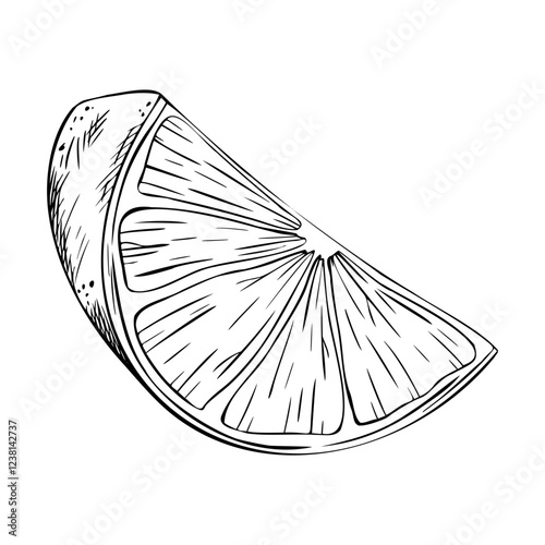 A detailed outline of a slice lemon, orange or lime highlighting its segmented interior with seeds. Vector illustration in black and white. Ideal for culinary uses or graphic designs