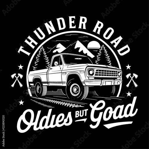 Retro Thunder Road T-Shirt Design Featuring Classic Pickup Truck, Mountains, and Forest, Perfect for Oldies and Country Music Lovers. Celebrate Nostalgia with This Unique Graphic Tee, Ideal for Casual