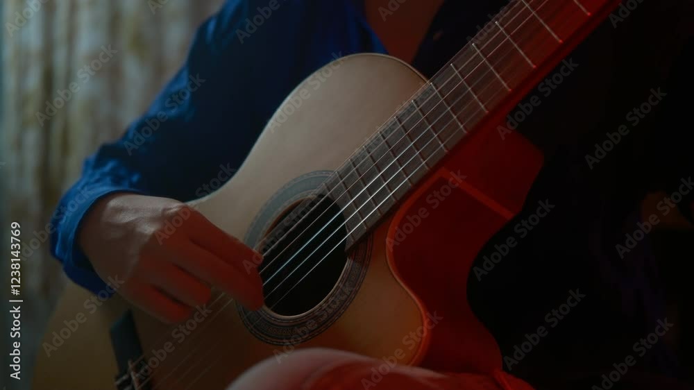 teenager playing classical guitar, fashionable instrument. hobby and professional music training. fretboard.music training, professional guitar music cinematic