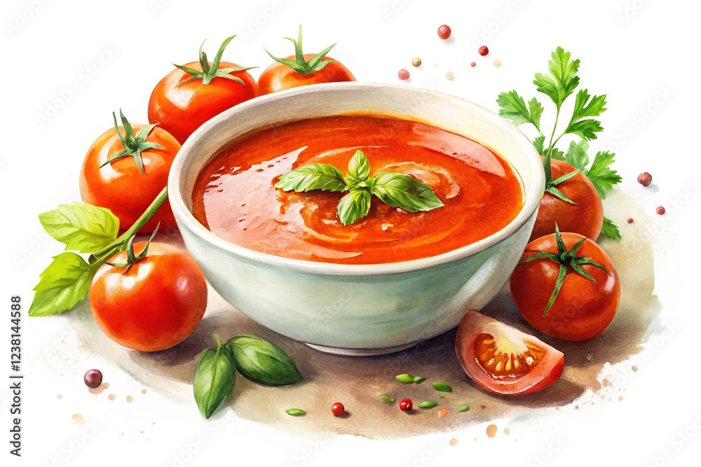 Surreal watercolor tomato soup, AI-generated photography. Surreal watercolor tomato soup, AI-generated photography.