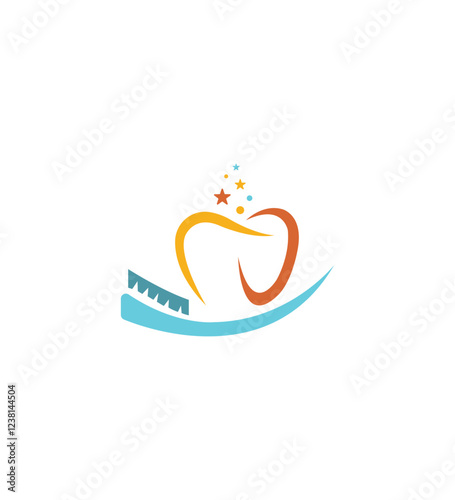 A vibrant and cheerful stylized tooth logo with a brush element and sparkling stars, perfect for modern dental clinics, pediatric dentistry, and oral hygiene branding. Clean design.