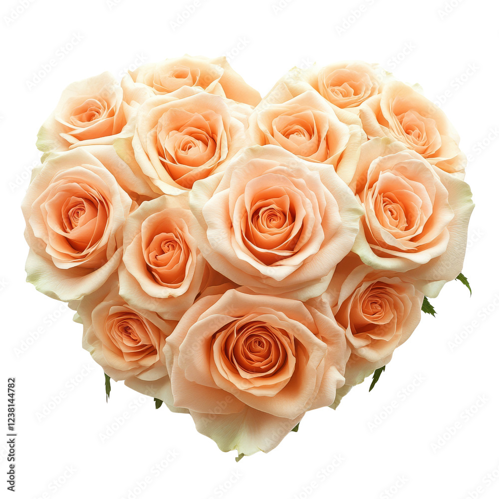 A heart-shaped arrangement of soft peach roses, showcasing their delicate petals and harmonious colors. A heart-shaped arrangement of soft peach roses, showcasing their delicate petals and harmonious colors.