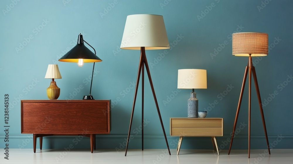 Mid-Century Modern Living Room Lighting Design with Tripod Floor Lamps and Sideboard