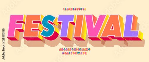 Festival font 3d bold coloful style for summer party poster, t shirt, flier, decoration, card, sale banner, printing on fabric, industrial. Cool typeface. Trendy alphabet. Vector 10 eps