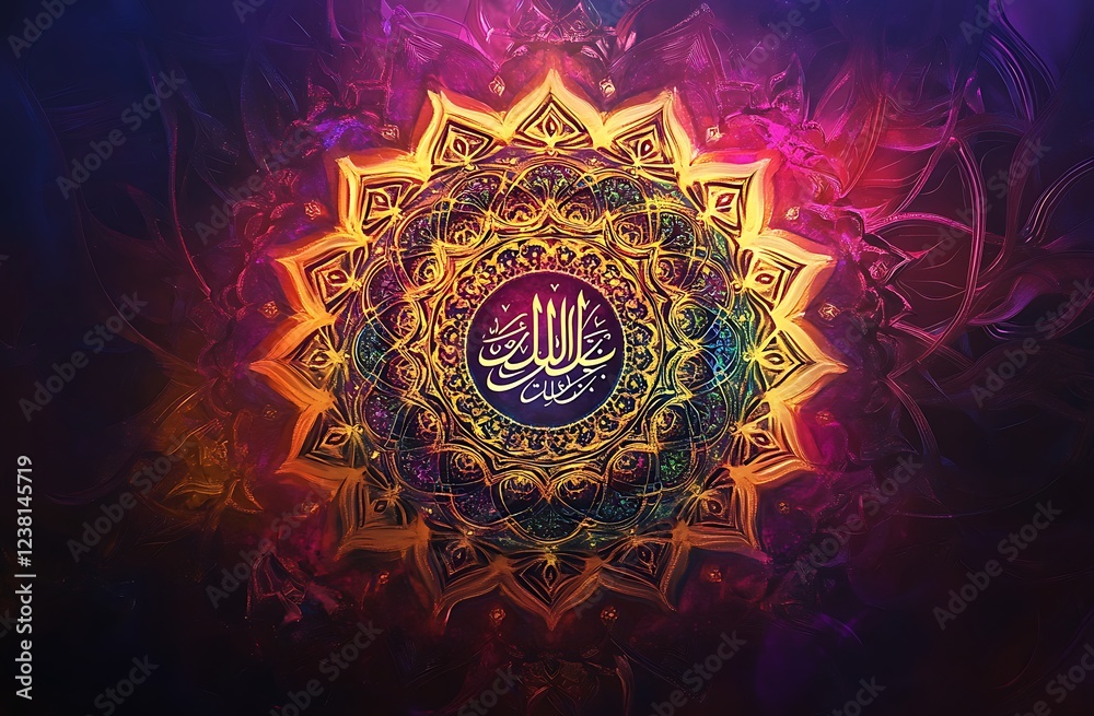 Fototapeta premium Ornate mandala with Arabic calligraphy on a colorful radiant background