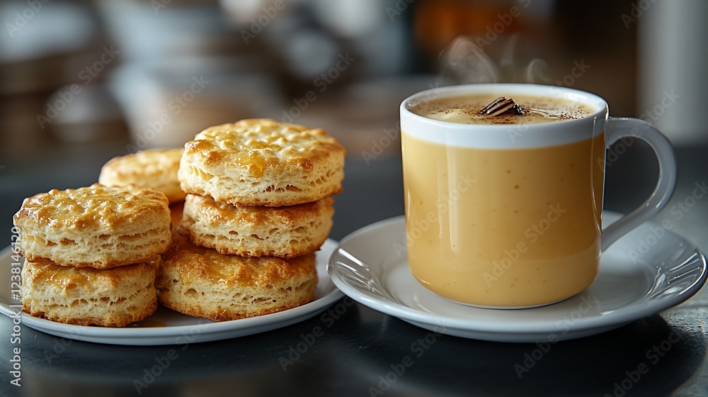 Warm biscuits and steaming coffee on a table.