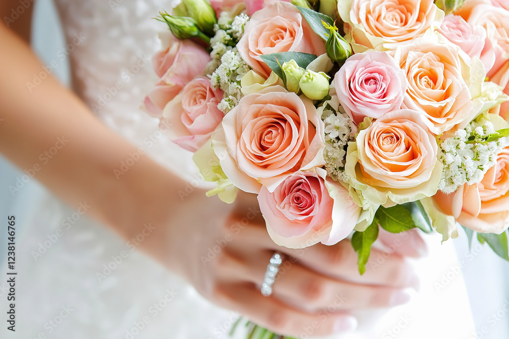 Bridal bouquet featuring pastel roses held by a bride in a wedding dress Bridal bouquet featuring pastel roses held by a bride in a wedding dress