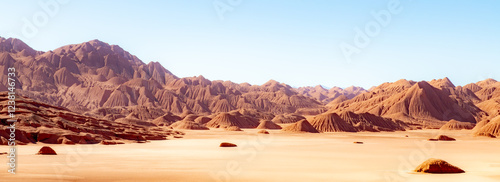 Desierto del Diablo, Devil's desert, landscape in Puna de Atacama, Argentina. It is a huge deserted place. This red landscape seems to come from another planet. Panorama photo.