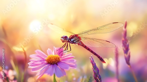 Dragonfly on Pink Flower at Sunset