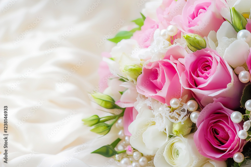 Obraz premium Elegant bouquet featuring pink and white roses adorned with pearls on soft fabric