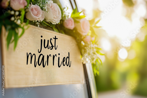 Newlyweds Celebrate Their Love with a Beautiful Just Married Sign Decorated with Flowers