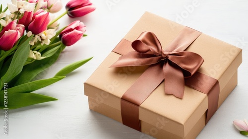 Vibrant red tulips arranged beside a neatly wrapped gift box with a ribbon against a blank white background, perfect for gifting occasions
