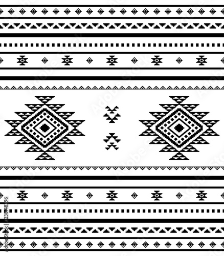 Southwest Aztec geometric Native American Mexican Navajo tribal ethnic boho indian texture ornament seamless pattern fabric black and white design vector for woven textile printing blanket rug carpet 