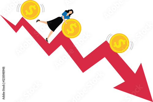 Investment or business loss, recession or reduced profits, business failure or bankruptcy, businesswoman at the top of the arrow falling to catch up with falling gold coins
