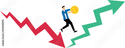 Improvement or progress, recovery or rebound from a recession, jumping from falling to rising, a merchant with a gold coin jumping from a falling arrow to a rising arrow