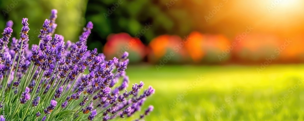 Obraz premium Garden blooms nature concept. Vibrant lavender blooms in a sunny garden, showcasing nature's beauty and tranquility.
