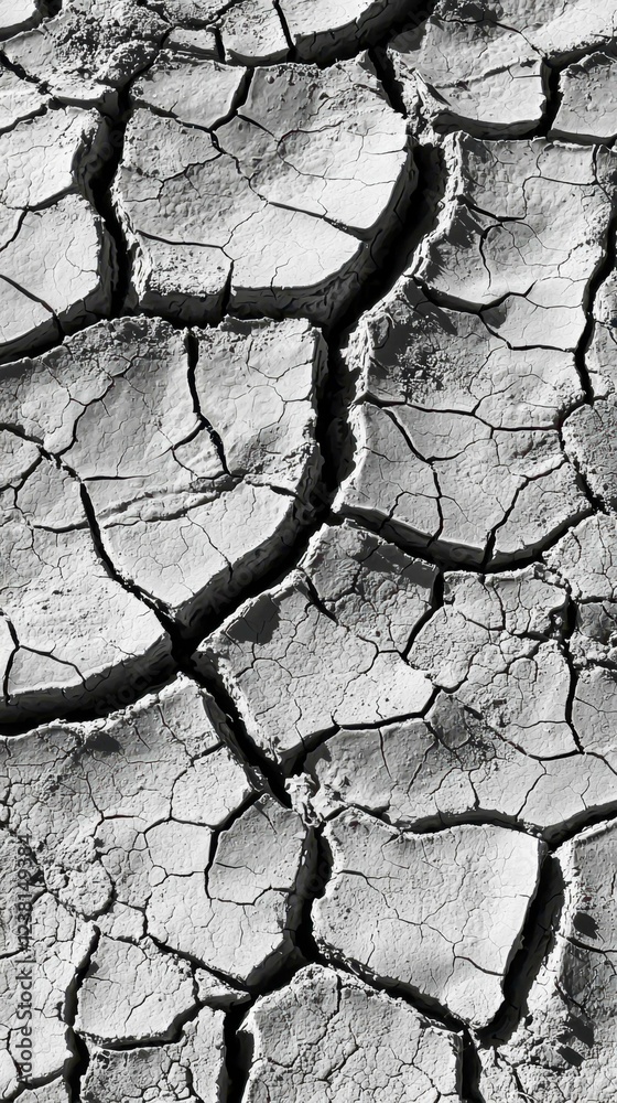 Dry Cracked Earth Texture in Black and White Showing Nature's Struggles