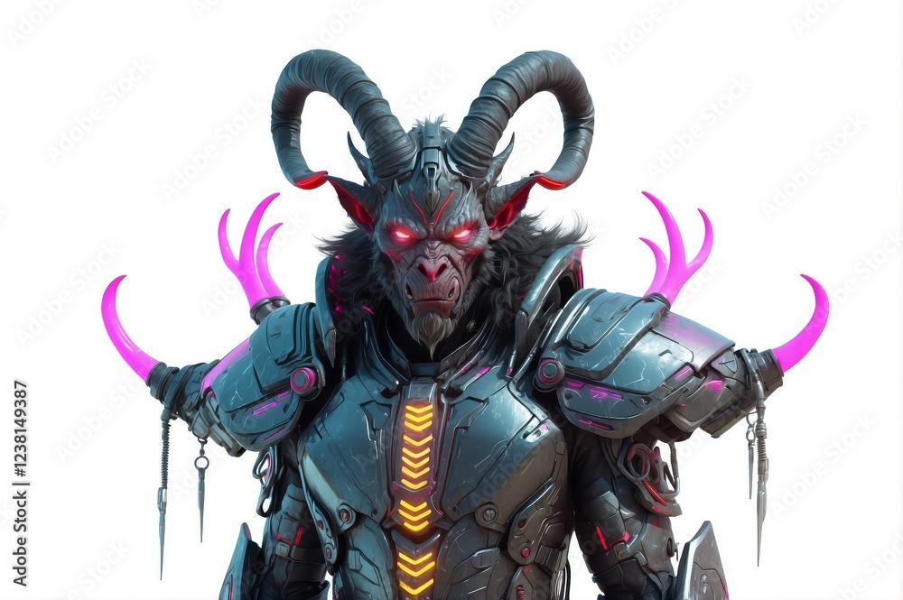 A demonic, armored goat-like creature with glowing pink horns. A demonic, armored goat-like creature with glowing pink horns.