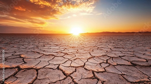 Expansive Desert Landscape at Sunset with Cracked Dry Earth