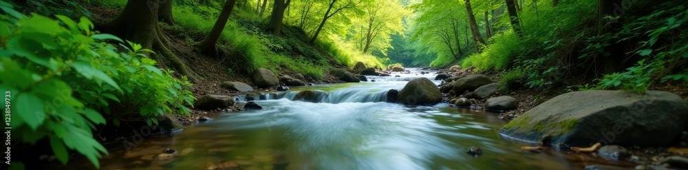 serene water stream flowing gently through forest trees, serene, foliage, tranquil serene water stream flowing gently through forest trees, serene, foliage, tranquil