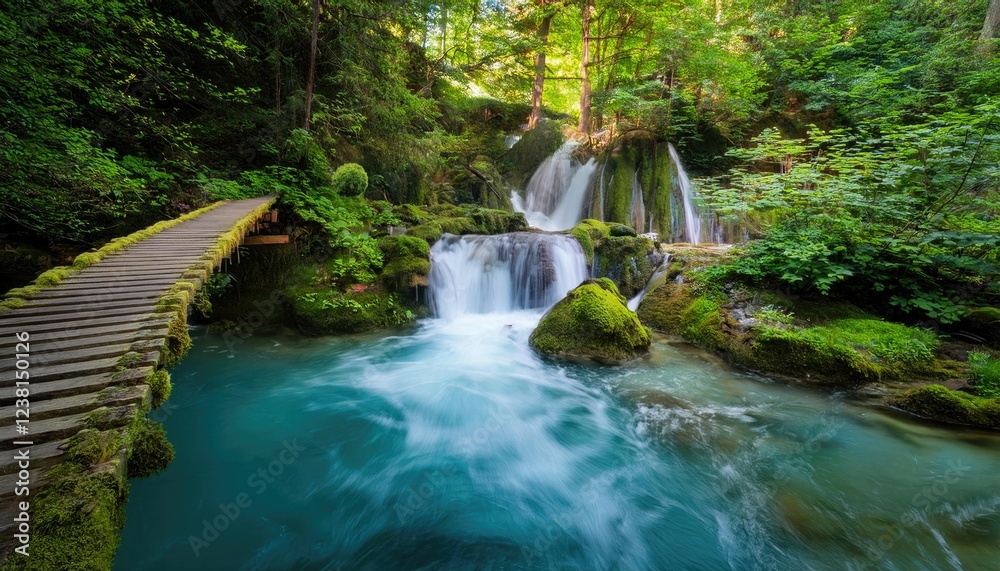 A serene forest waterfall cascading into a turquoise pool surrounded by lush greenery and moss-covered rocks. A serene forest waterfall cascading into a turquoise pool surrounded by lush greenery and moss-covered rocks.