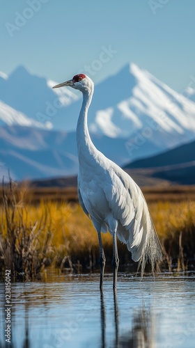 A Siberian crane stands elegantly in a wetland, its white feathers glistening in the sunlight photo