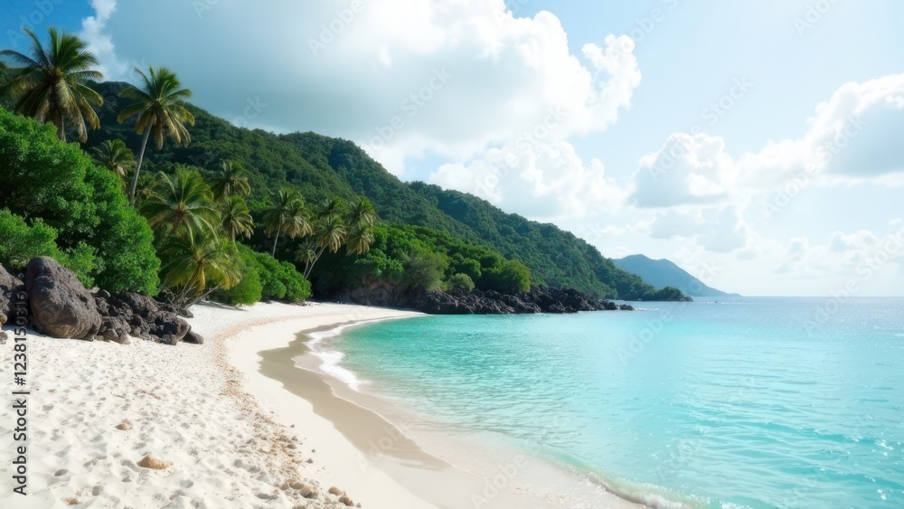 Tropical island with white sand beach, palm trees, and clear blue water. Tropical island with white sand beach, palm trees, and clear blue water.