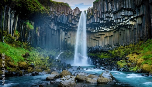 A stunning basalt column waterfall with clear water and green moss