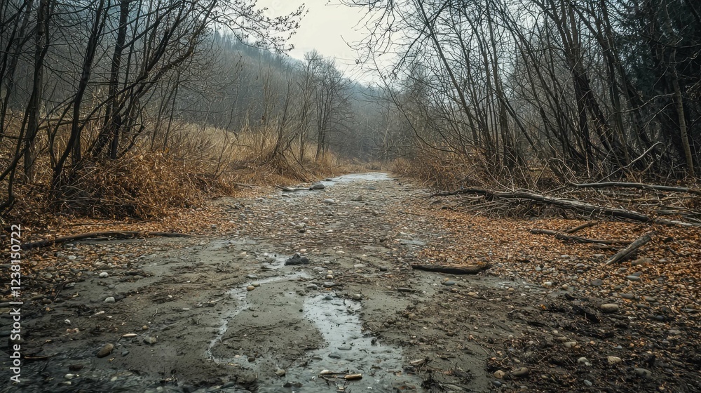 Serene Nature Scene of Dry Riverbed Surrounded by Autumn Trees Serene Nature Scene of Dry Riverbed Surrounded by Autumn Trees