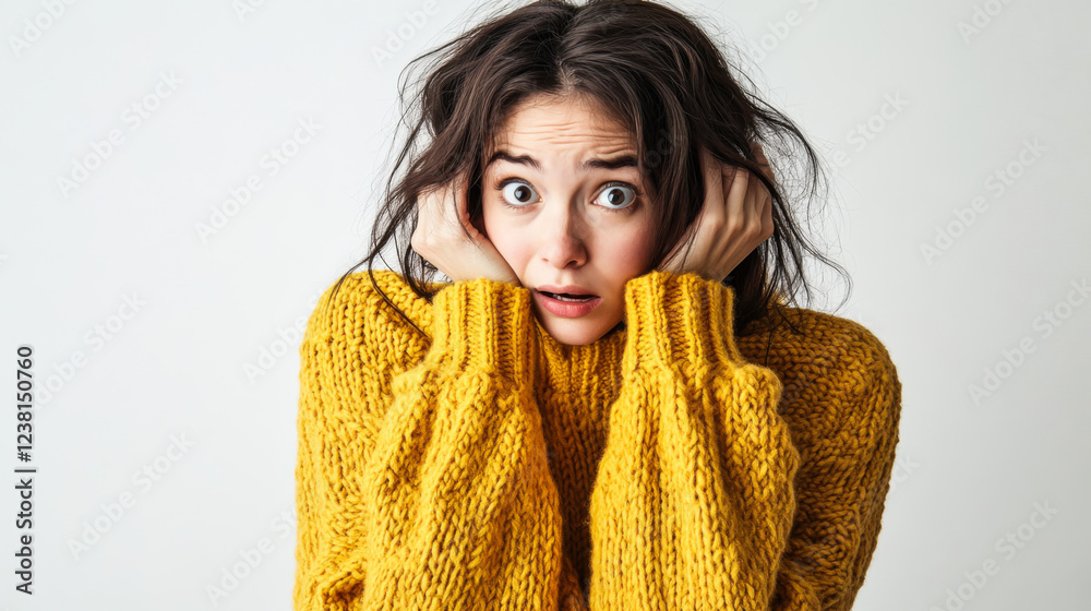 Young woman displaying fear and surprise while wearing a cozy yellow sweater against a plain background, expressing intense emotion Young woman displaying fear and surprise while wearing a cozy yellow sweater against a plain background, expressing intense emotion