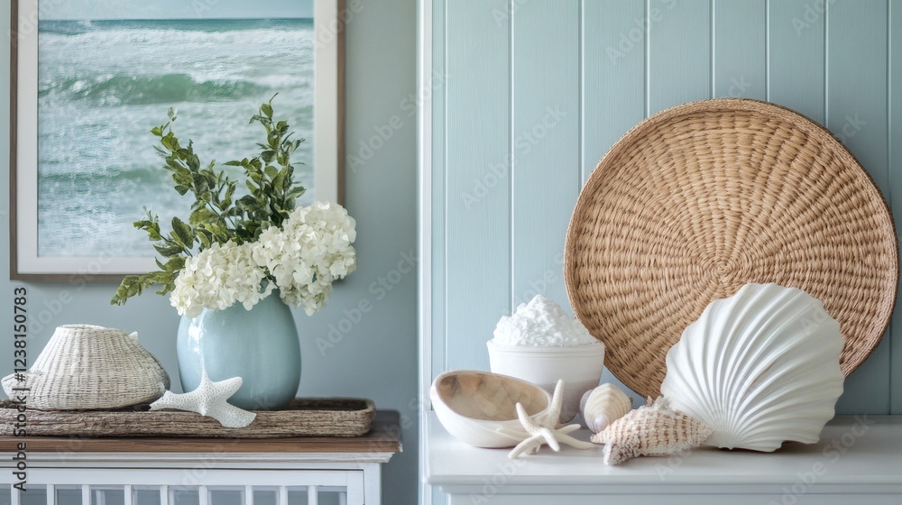 Coastal Home Decor Seashells, Hydrangeas, and Woven Tray Still Life