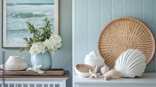 Obraz na płótnie Coastal Home Decor Seashells, Hydrangeas, and Woven Tray Still Life w salonie