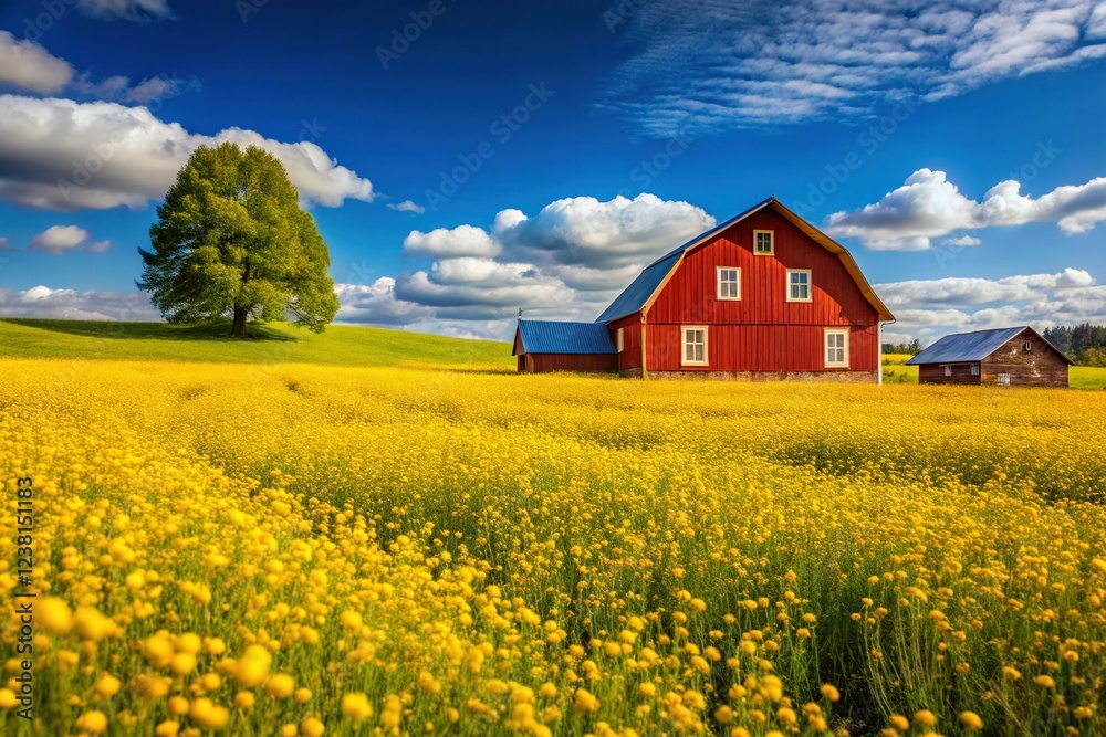 Night Landscape: Red Farm & Yellow Flower Meadow, Starry Sky Night Landscape: Red Farm & Yellow Flower Meadow, Starry Sky