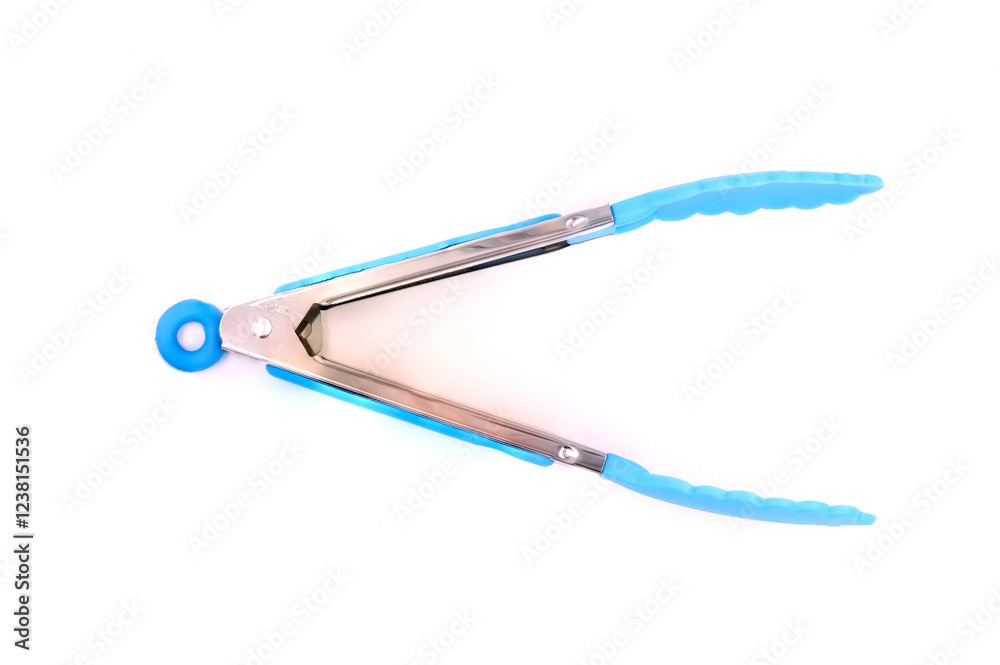 Serving kitchen tongs on white background. Ice tongs. Blue silicone tongs for hot food. Serving kitchen tongs on white background. Ice tongs. Blue silicone tongs for hot food.