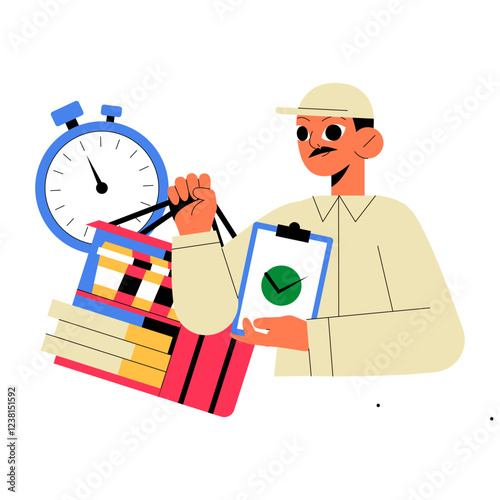 Male Delivery Worker Holding A Shopping Bag And A Checklist With A Stopwatch In Flat Vector Illustration Symbolizing Fast Service, Timely Delivery, And Grocery Shopping, Isolated On White