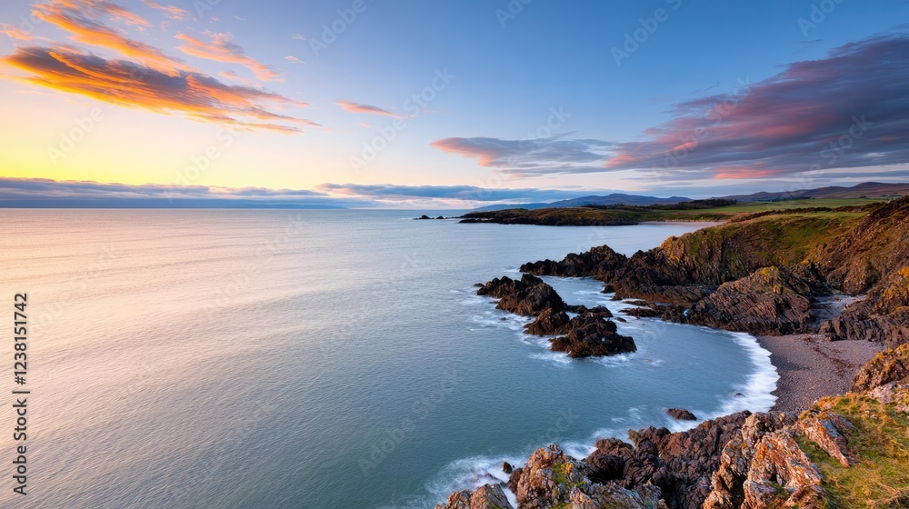 Fototapeta premium Coastal scenic nature idea. Stunning coastal view at sunset with smooth waves and rocky shoreline under vibrant sky.