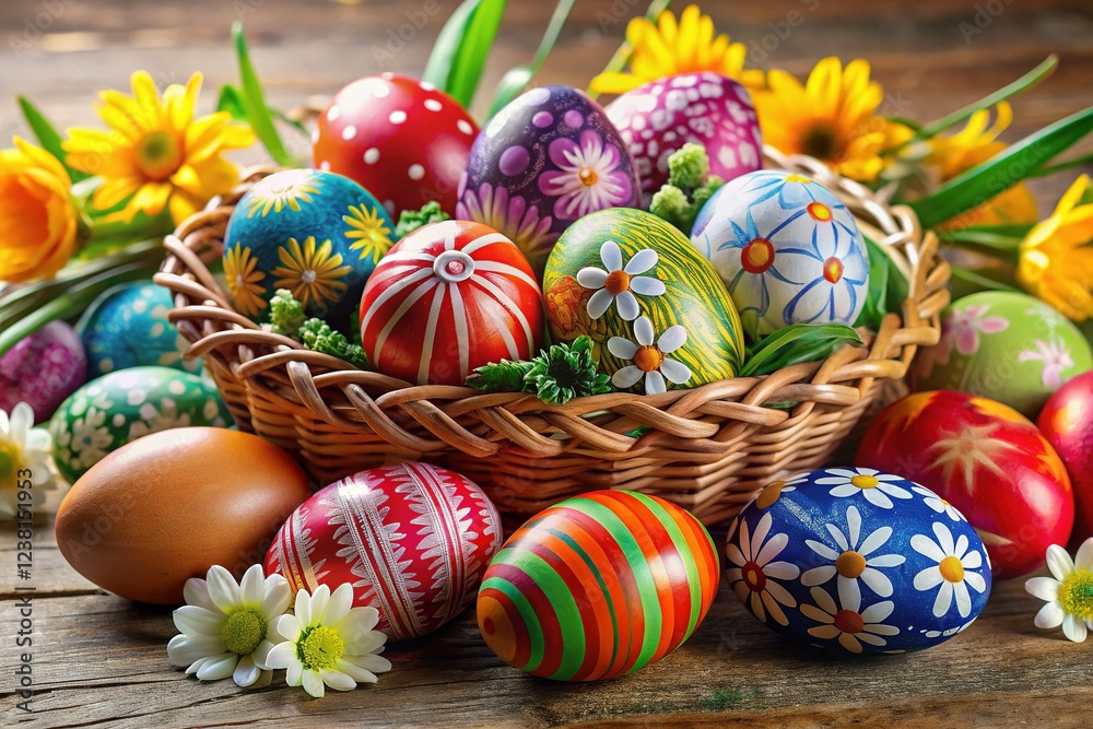 Fototapeta premium Painted Easter Eggs Flowers and Other Decorations for Easter Holiday