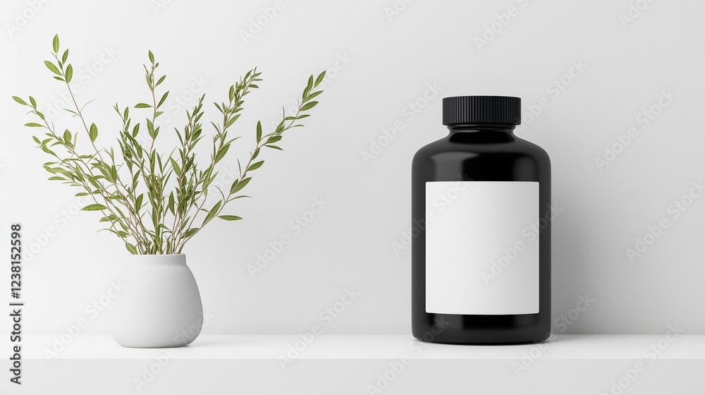 Black supplement bottle with white label mockup next to green plant in vase on empty table Black supplement bottle with white label mockup next to green plant in vase on empty table