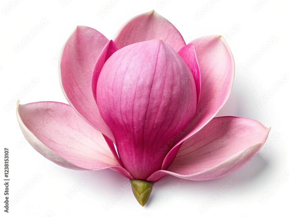 Obraz premium Pink Magnolia Blossom Petal, Isolated White Background, Top View, Macro, Flat Lay