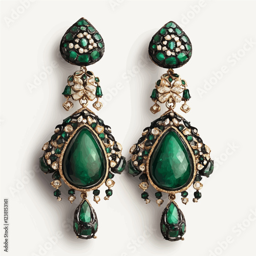 Watercolor painting of a Mongolian emerald earring, with a beautiful design and green gemstones, isolated on a white background.